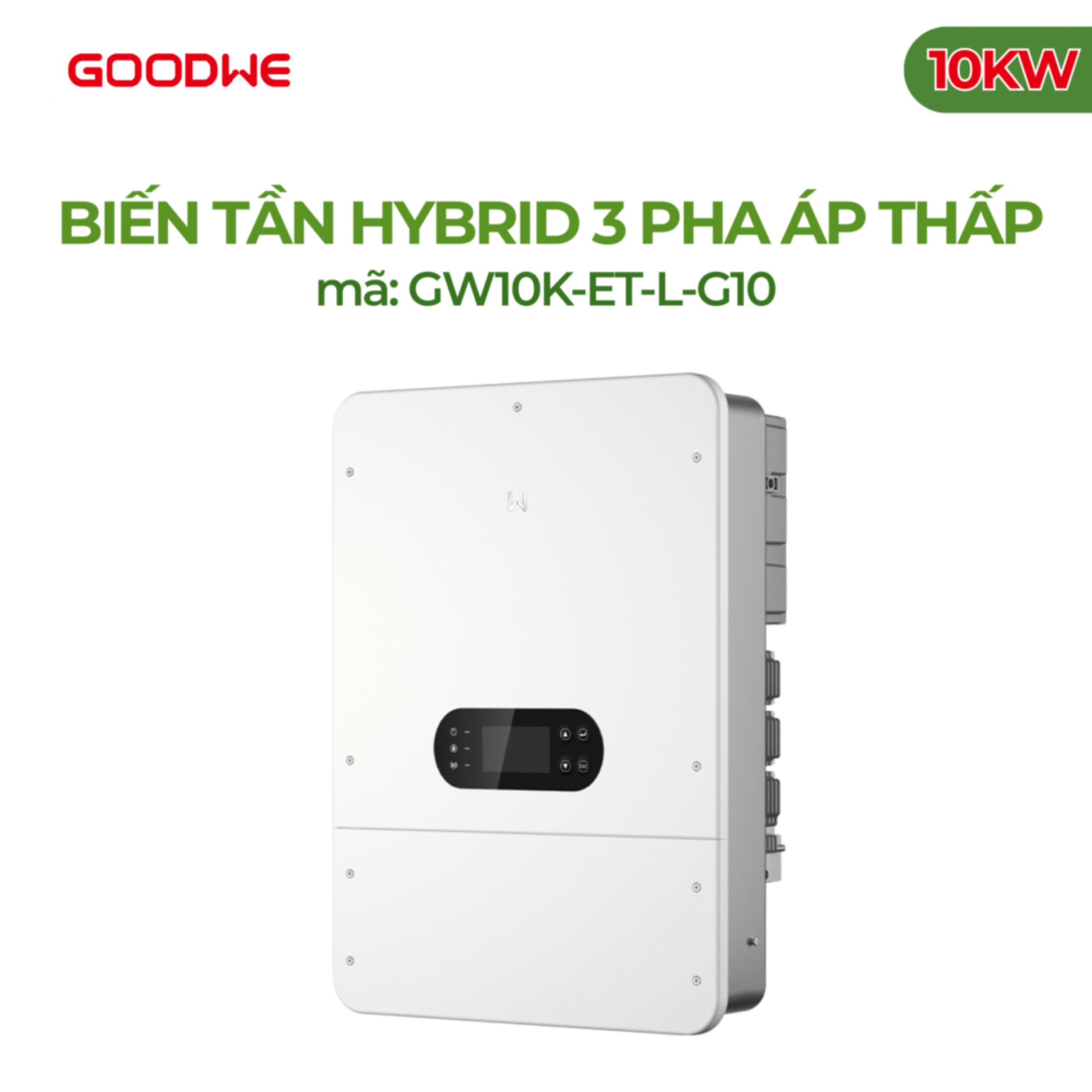 Biến tần GoodWe Hybrid 3 pha áp thấp 10kW phù hợp cho hệ điện mặt trời hybrid dân dụng và thương mại nhỏ, hỗ trợ pin 48V, 3 MPPT, hiệu suất tối đa 97,8%.